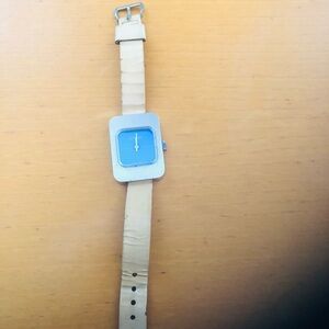 Square Face Blue Dial Watch with Beige Strap